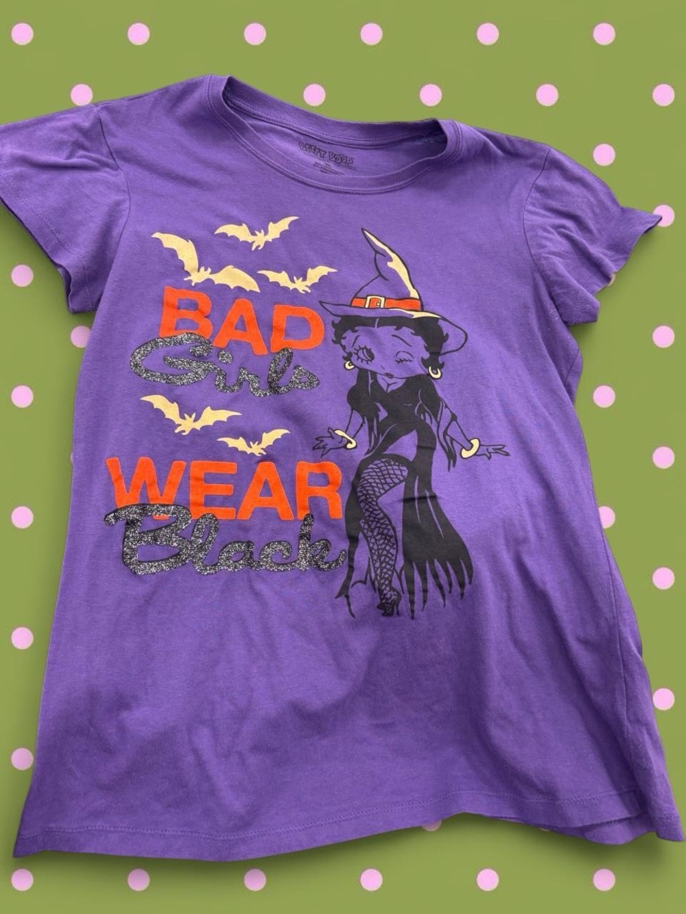 Betty Boop Purple Halloween Witch Tee with Orange and Black Glitter